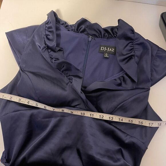 Vintage Y2K DJ-JAZ Navy Ruffle V-Neck Dress Size 14 - Picture 7 of 7